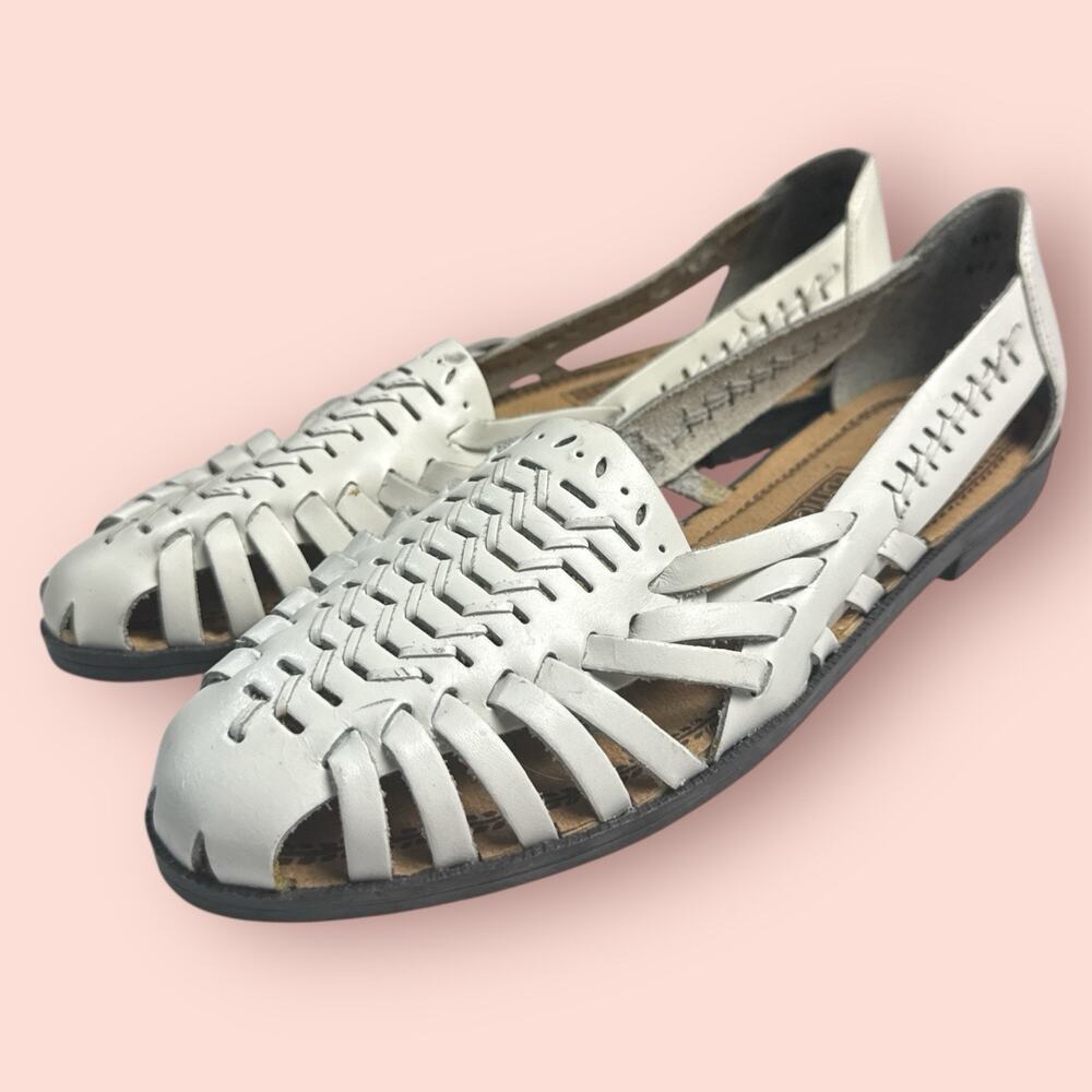 Vintage White Leather 7.5 Huarache Sandals Woven Leather Boho Slip On Loafers